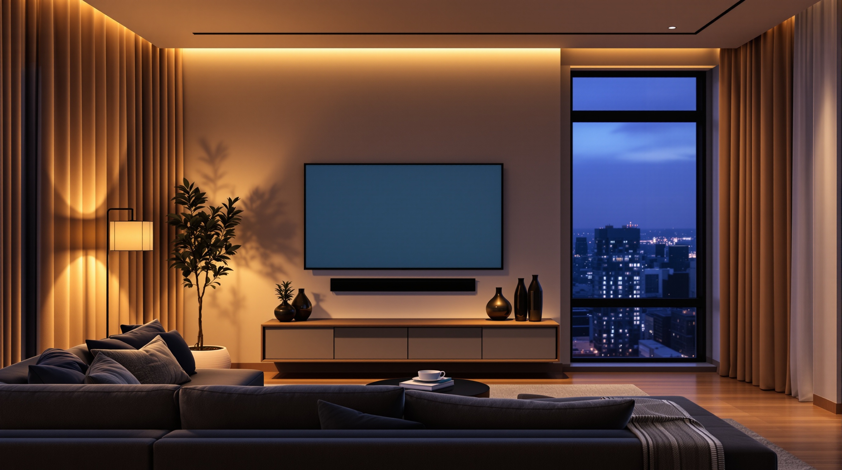 Apartment living room with a wall-mounted TV