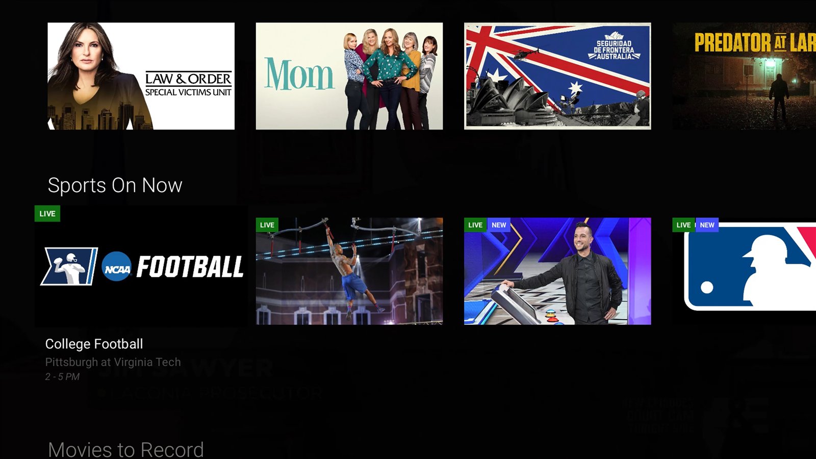TV interface home screen showing live sports